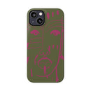 Abstract Face Line Art Slim Phone Case | Olive Green with Magenta Sketch