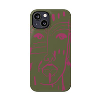 Abstract Face Line Art Slim Phone Case | Olive Green with Magenta Sketch