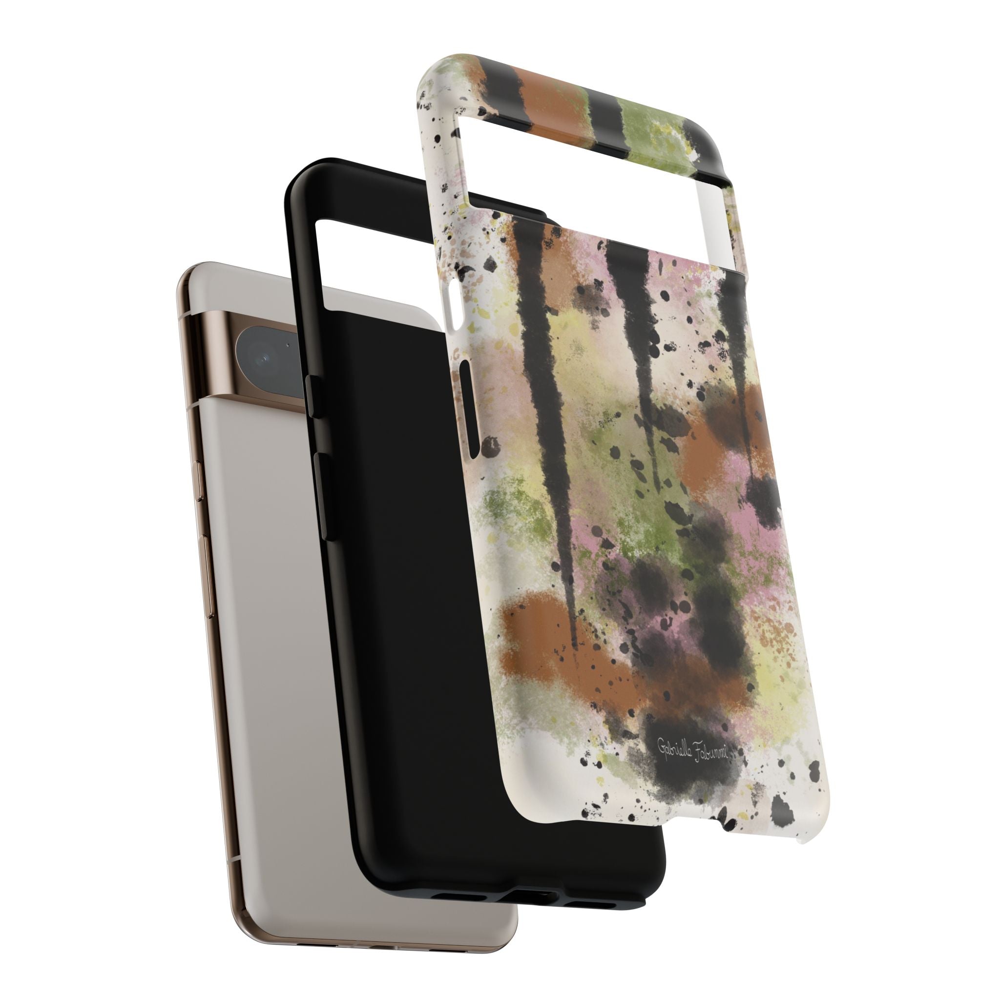 Watercolor Ink Splash Tough Phone Case — Abstract Olive, Blush & Charcoal Protective Cover