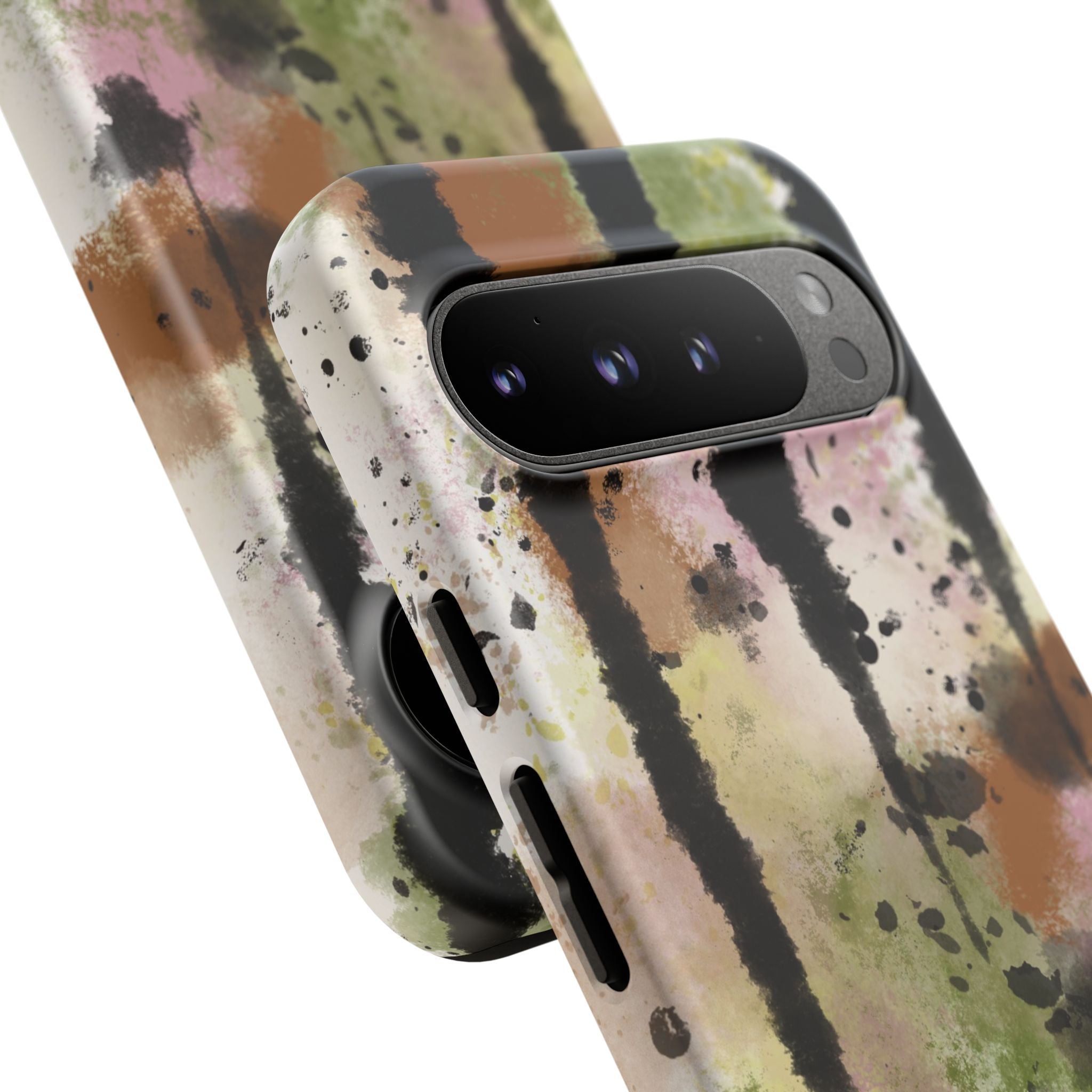 Watercolor Ink Splash Tough Phone Case — Abstract Olive, Blush & Charcoal Protective Cover