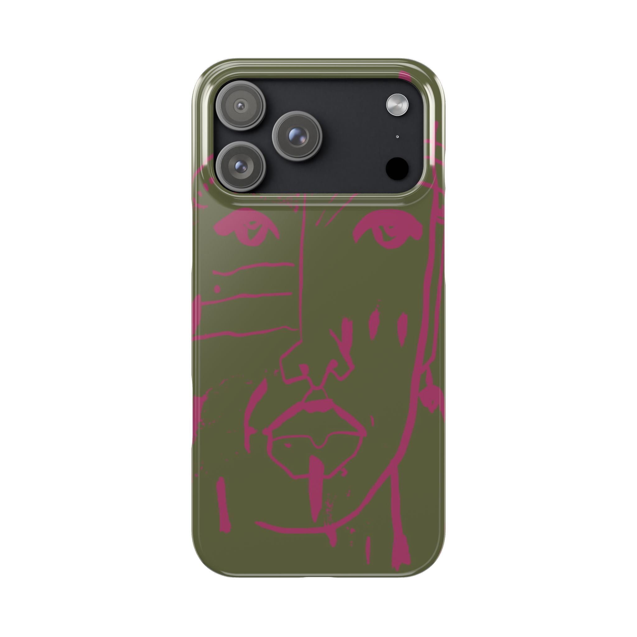 Abstract Face Line Art Slim Phone Case | Olive Green with Magenta Sketch