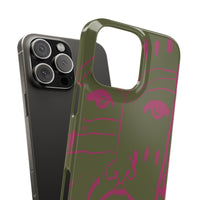 Abstract Face Line Art Slim Phone Case | Olive Green with Magenta Sketch