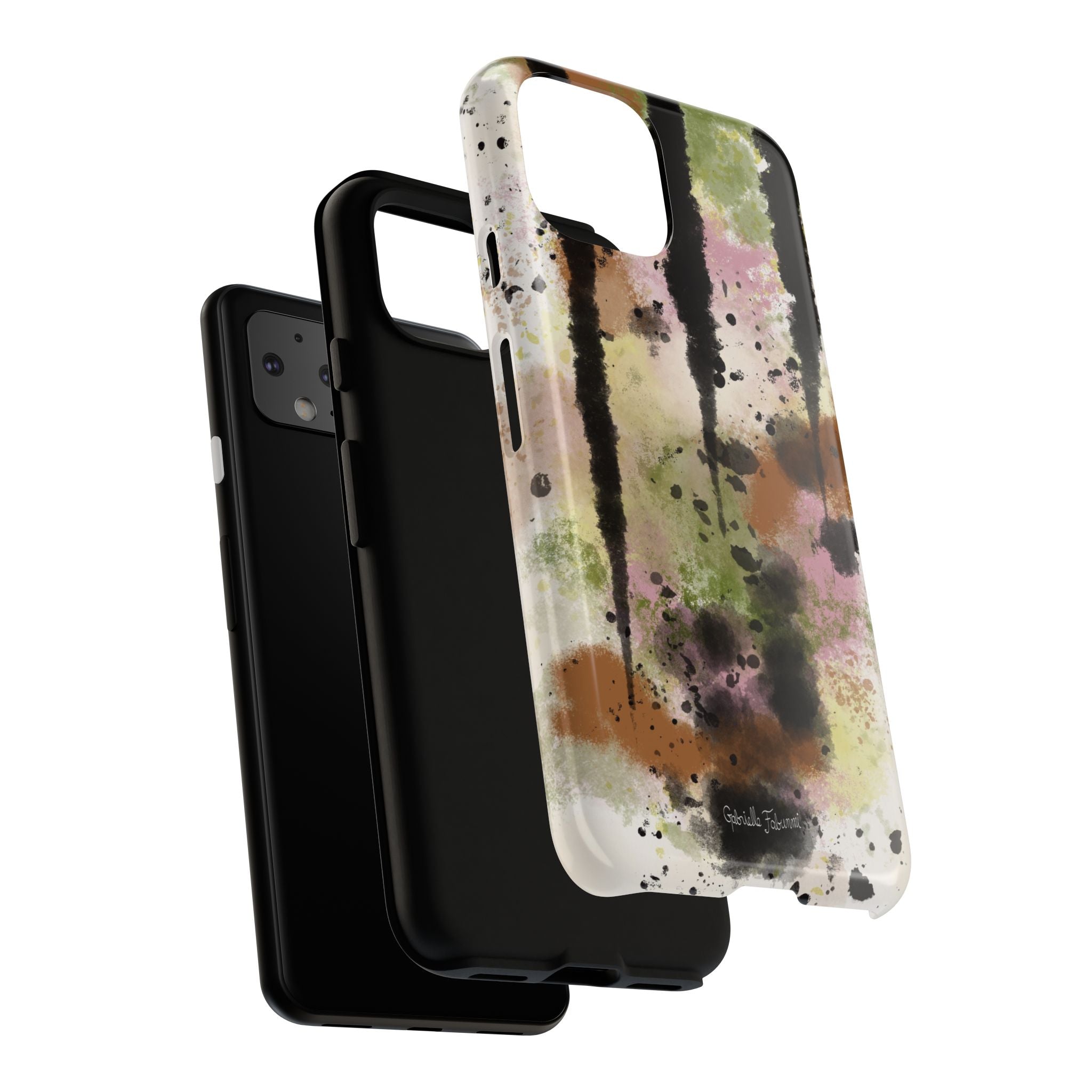 Watercolor Ink Splash Tough Phone Case — Abstract Olive, Blush & Charcoal Protective Cover