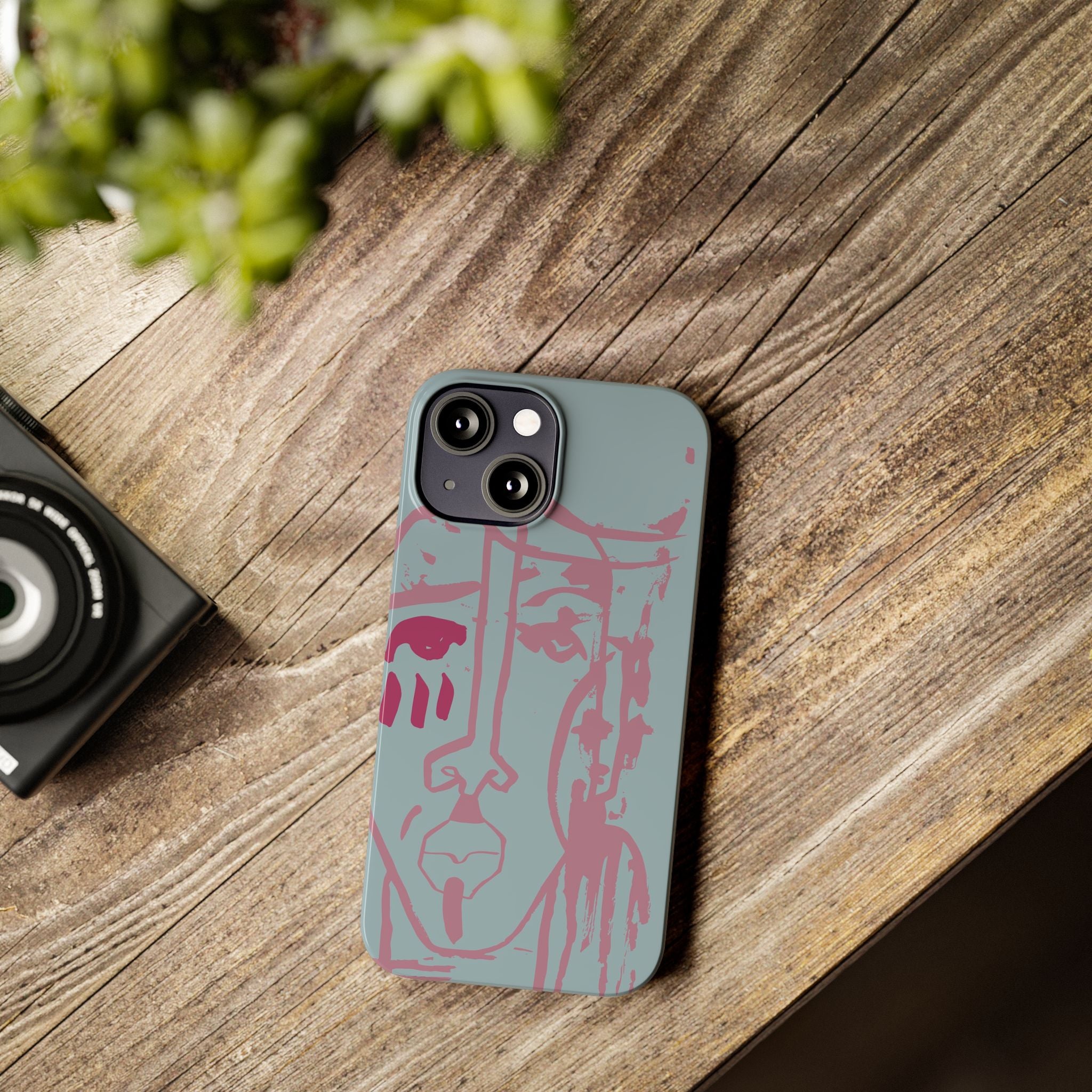 Abstract Line Face Slim Phone Case | Minimalist Portrait, Dusty Blue & Rose