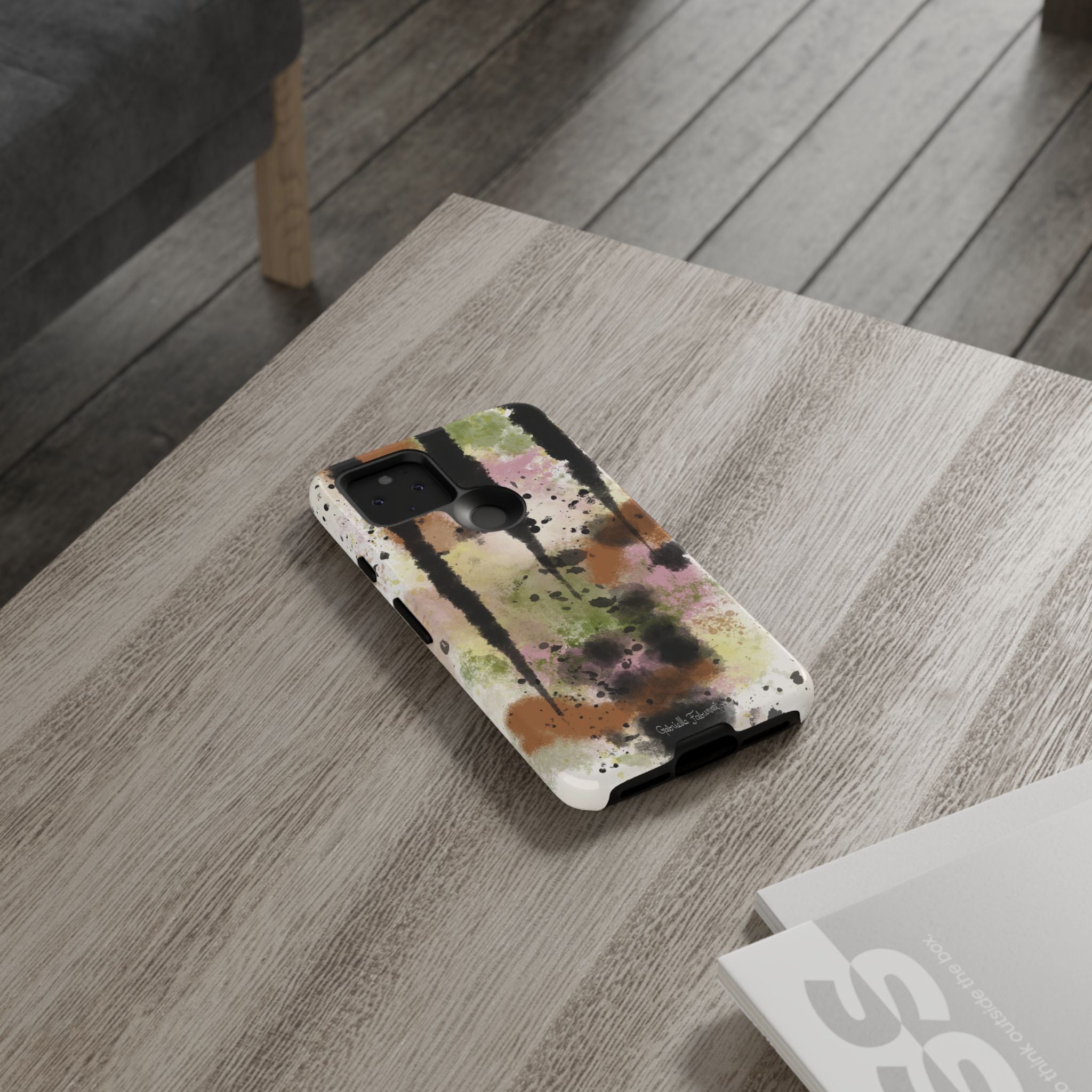 Watercolor Ink Splash Tough Phone Case — Abstract Olive, Blush & Charcoal Protective Cover