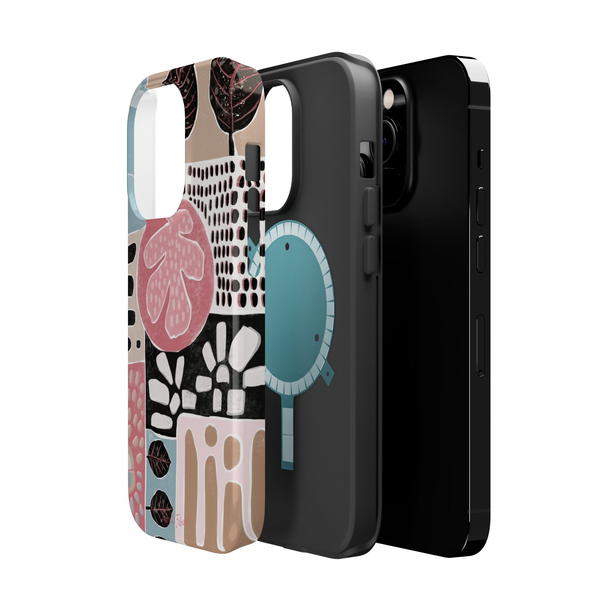 Abstract Floral Magnetic Phone Case — Impact-Resistant Protective Cover with Pink & Teal Collage Design
