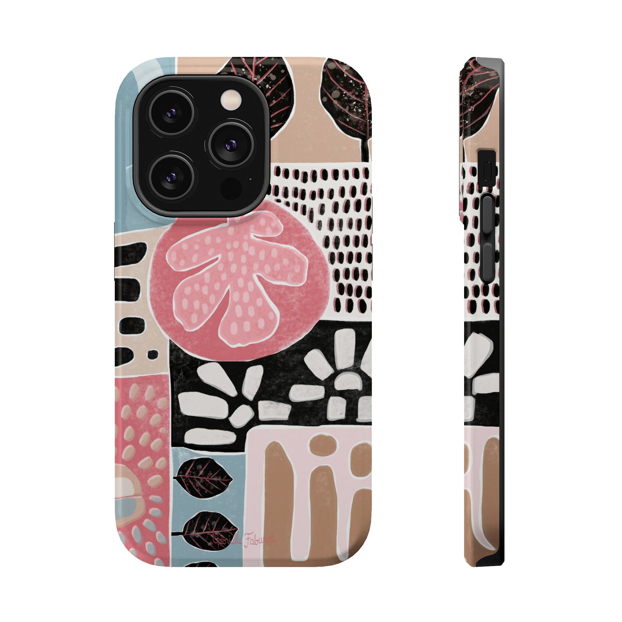 Abstract Floral Magnetic Phone Case — Impact-Resistant Protective Cover with Pink & Teal Collage Design