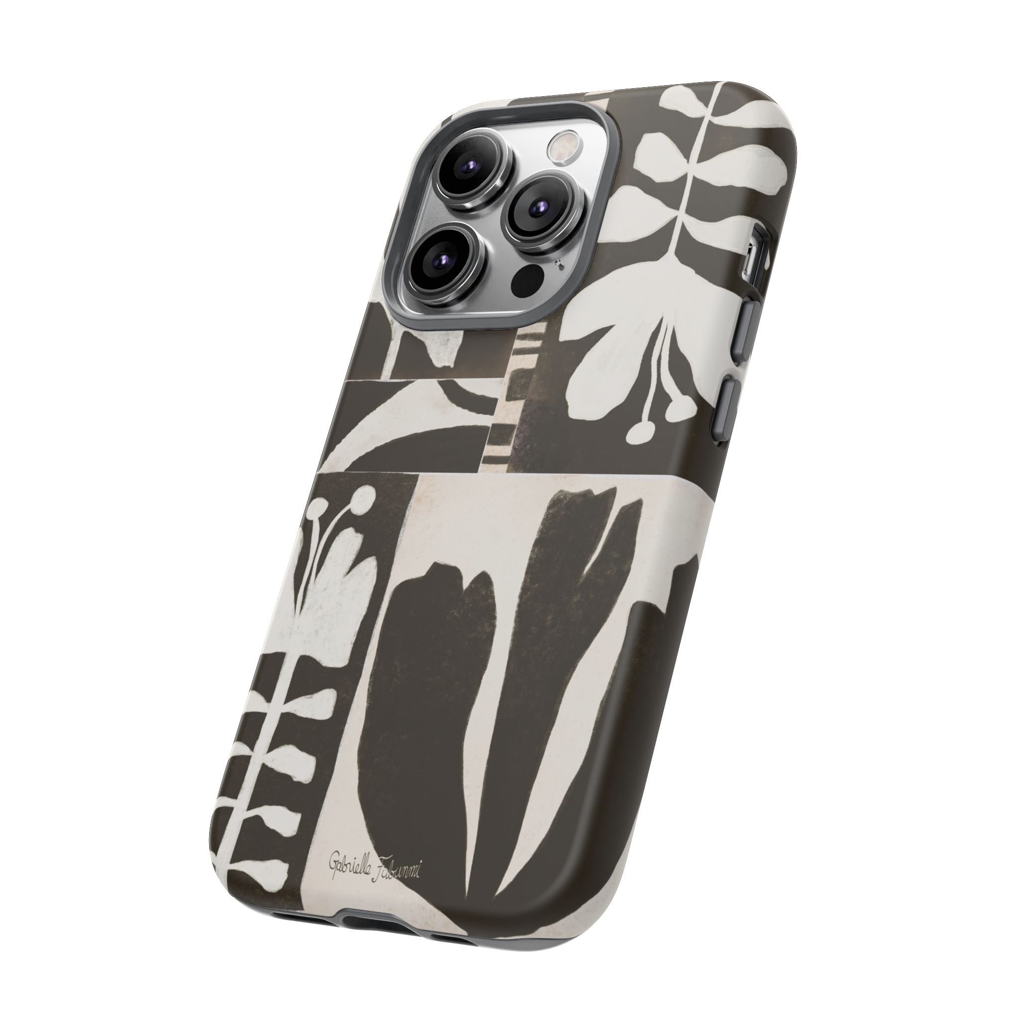 Floral Block Print Tough Phone Case — Black & White Botanical Protective Cover
