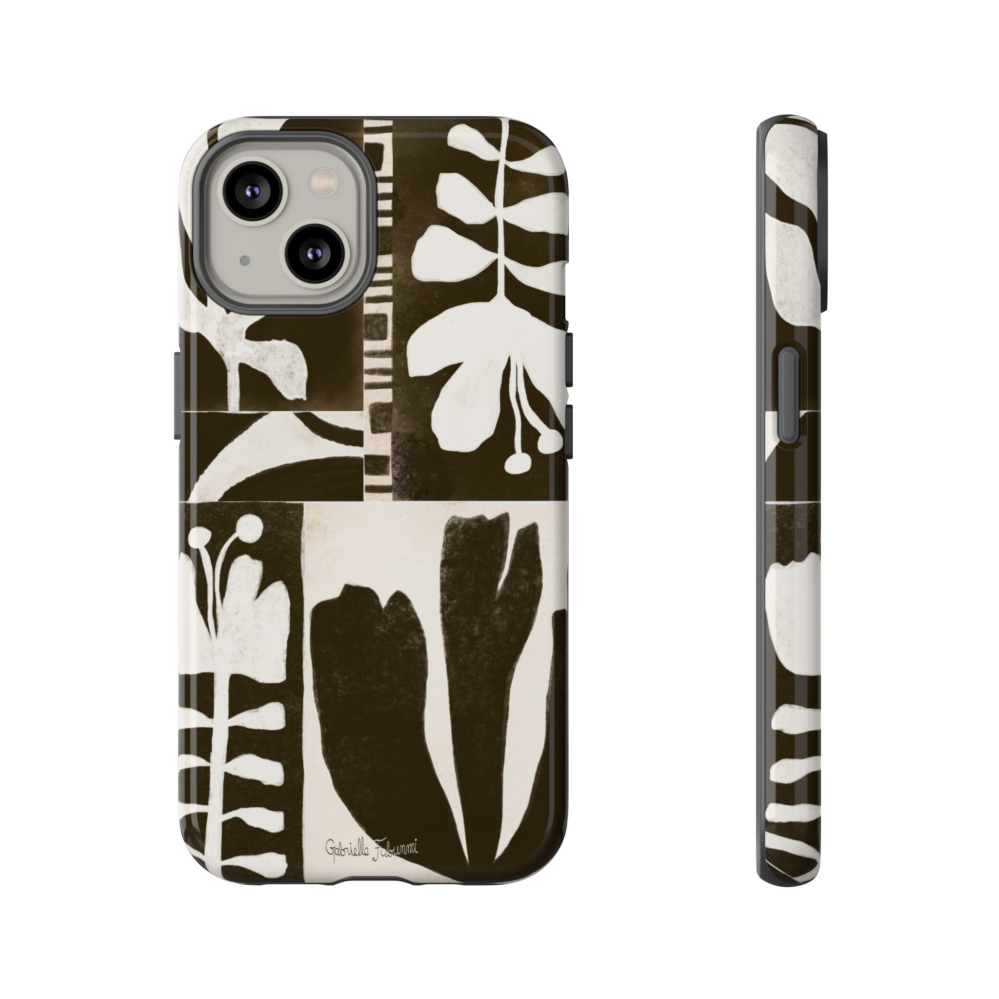 Floral Block Print Tough Phone Case — Black & White Botanical Protective Cover