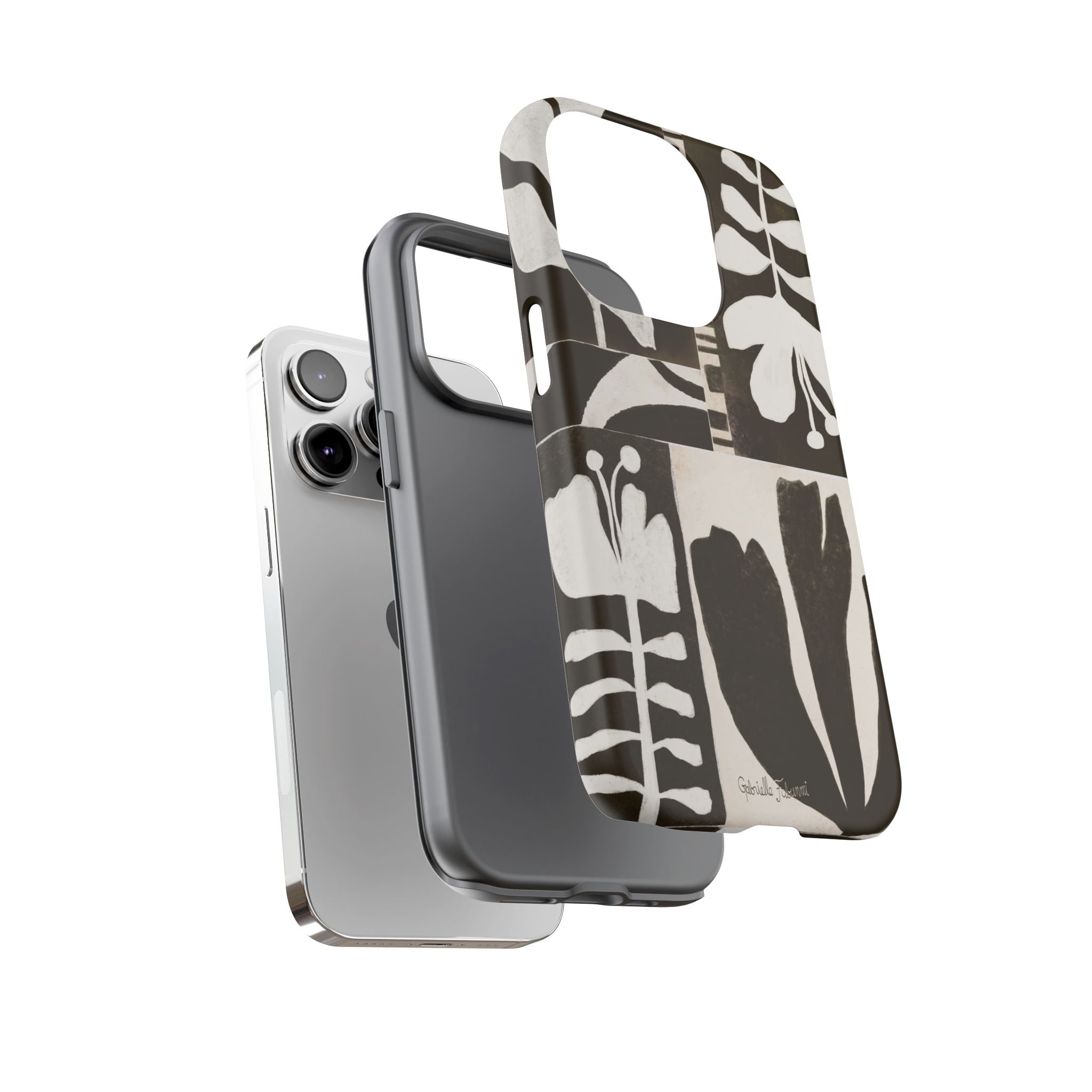 Floral Block Print Tough Phone Case — Black & White Botanical Protective Cover