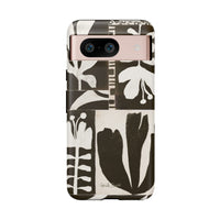 Floral Block Print Tough Phone Case — Black & White Botanical Protective Cover