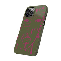 Abstract Face Line Art Slim Phone Case | Olive Green with Magenta Sketch