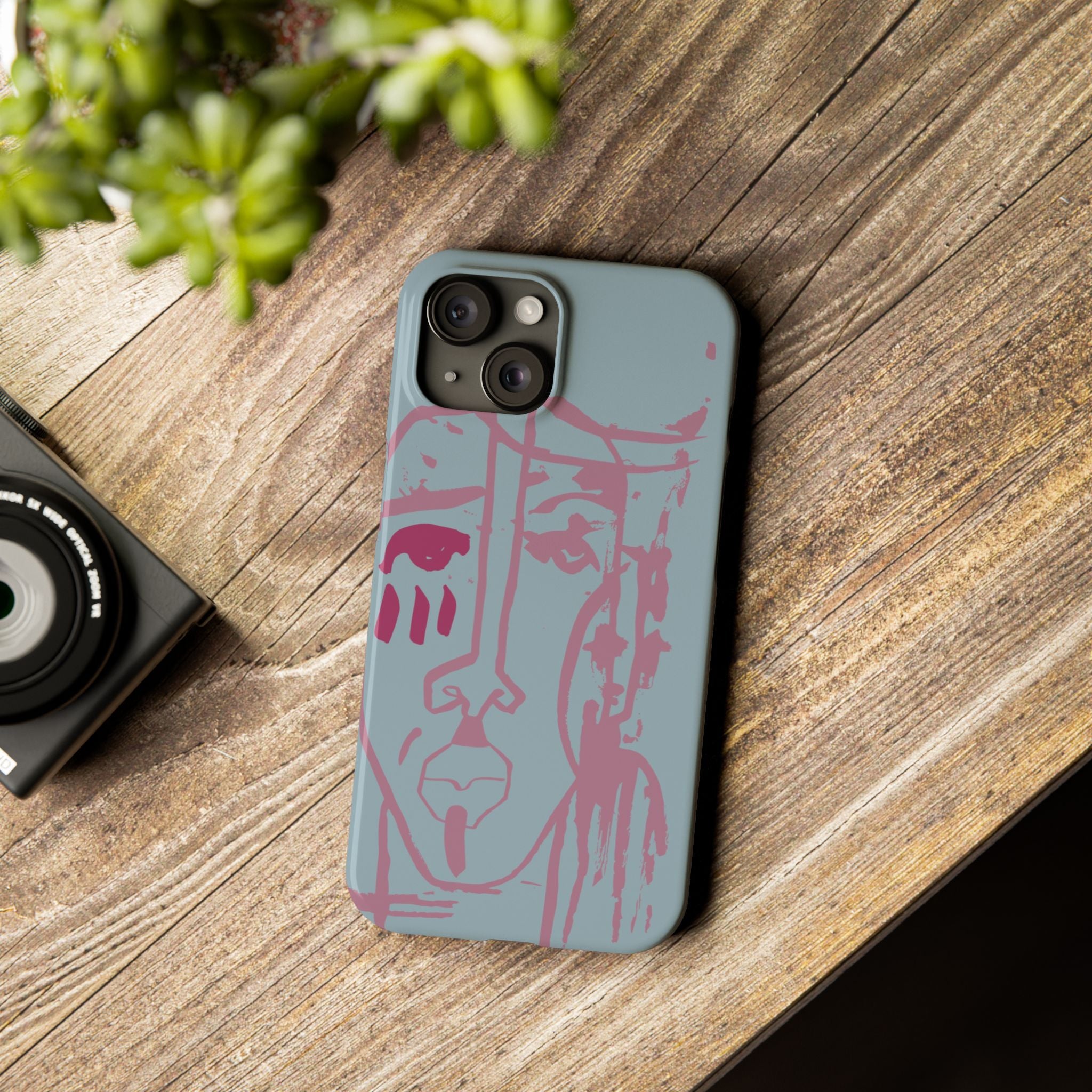 Abstract Line Face Slim Phone Case | Minimalist Portrait, Dusty Blue & Rose