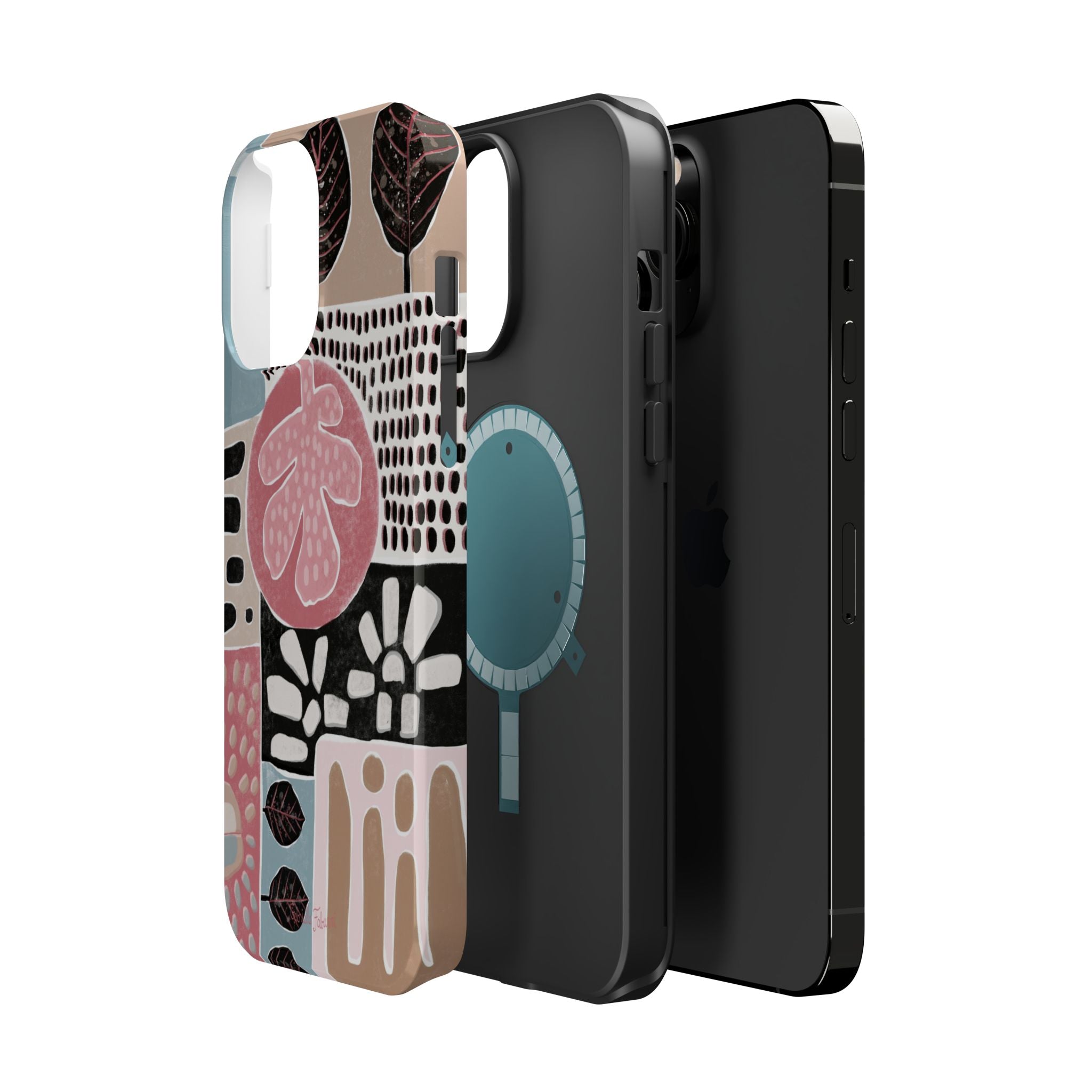 Abstract Floral Magnetic Phone Case — Impact-Resistant Protective Cover with Pink & Teal Collage Design
