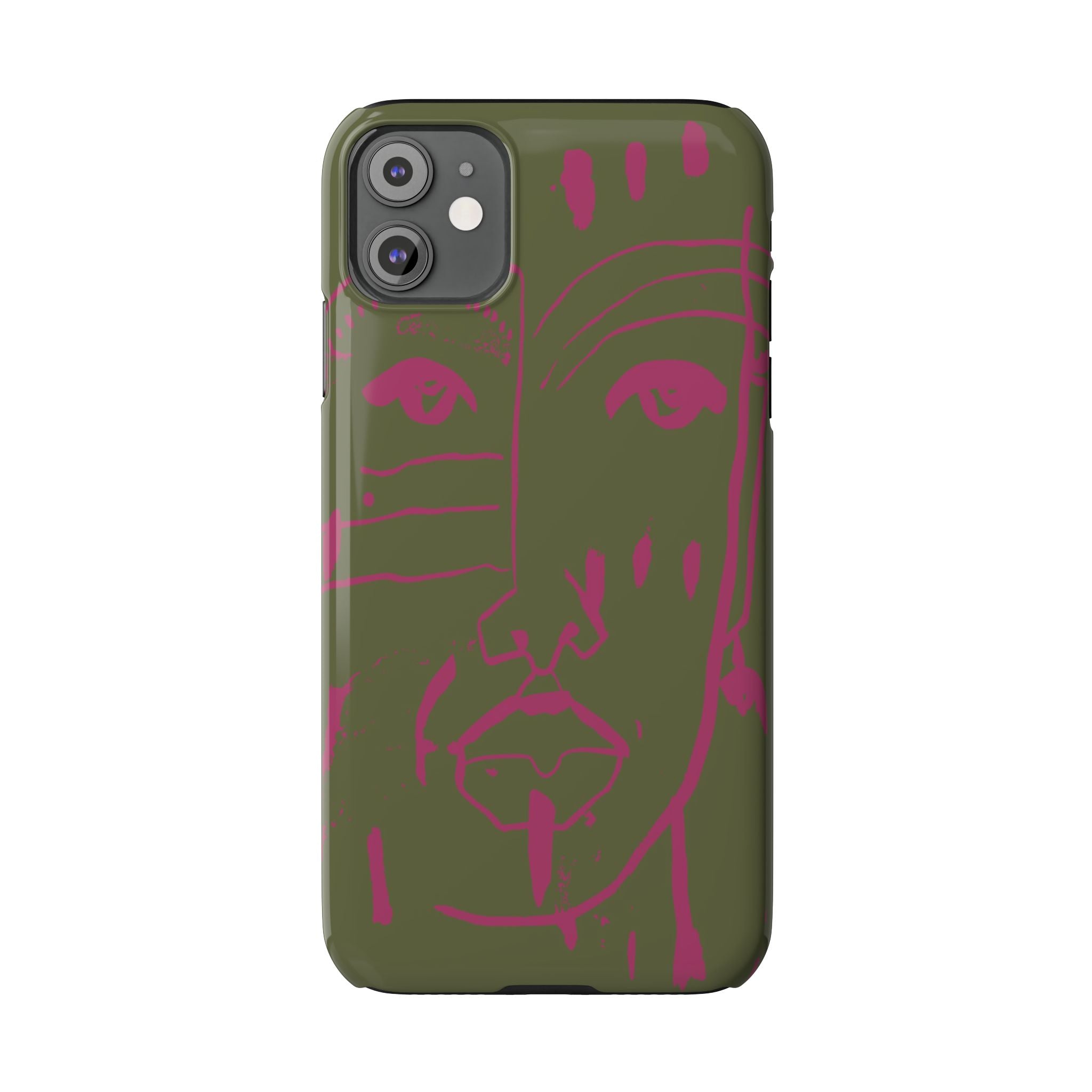 Abstract Face Line Art Slim Phone Case | Olive Green with Magenta Sketch