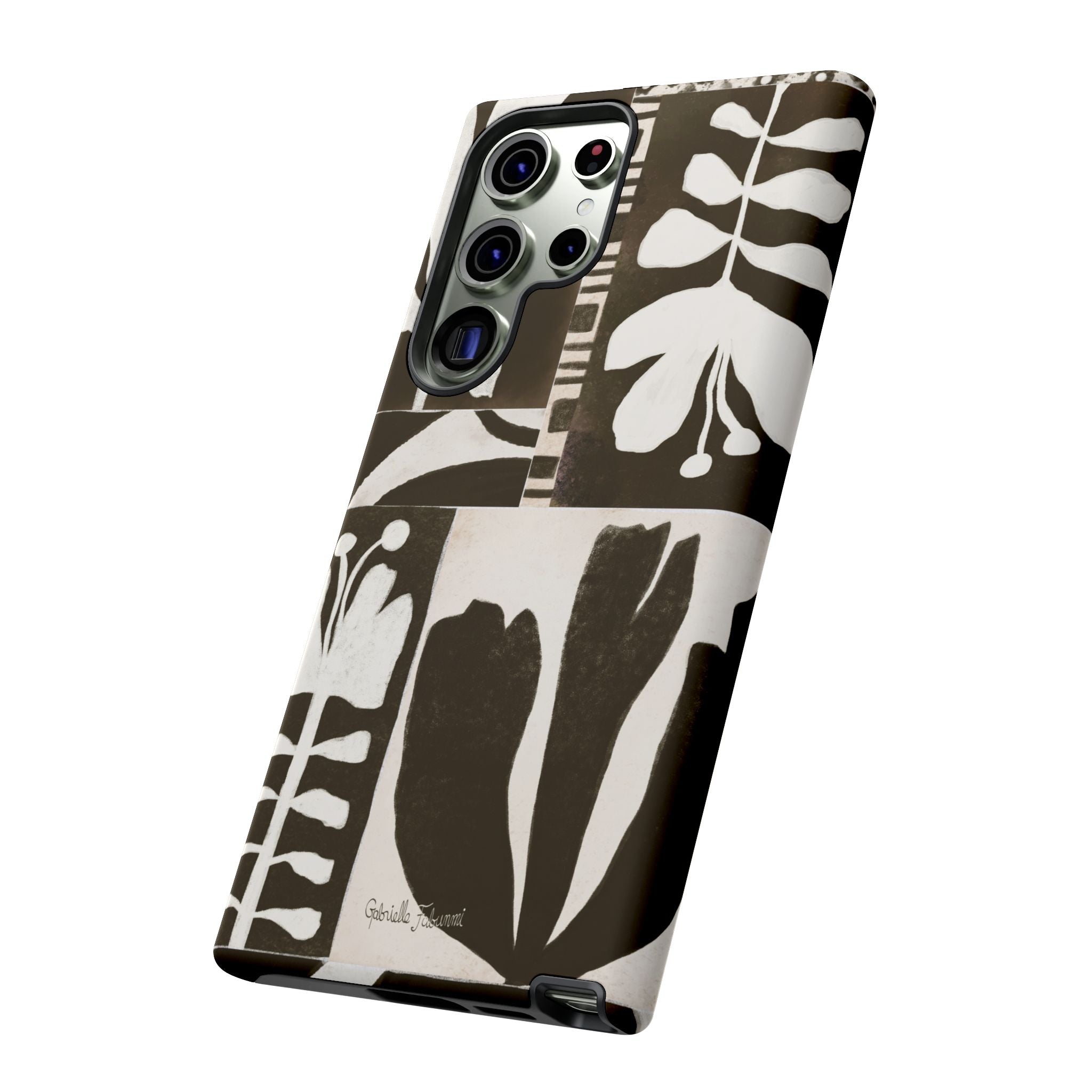 Floral Block Print Tough Phone Case — Black & White Botanical Protective Cover