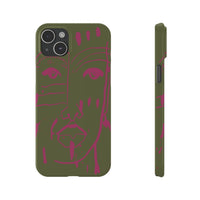 Abstract Face Line Art Slim Phone Case | Olive Green with Magenta Sketch