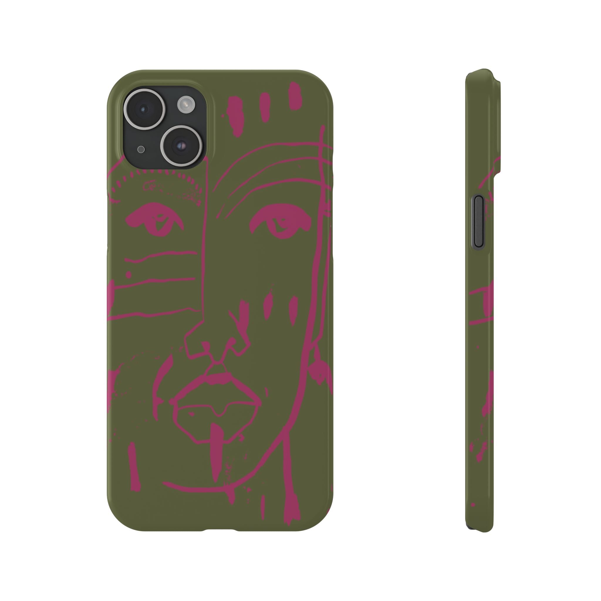Abstract Face Line Art Slim Phone Case | Olive Green with Magenta Sketch