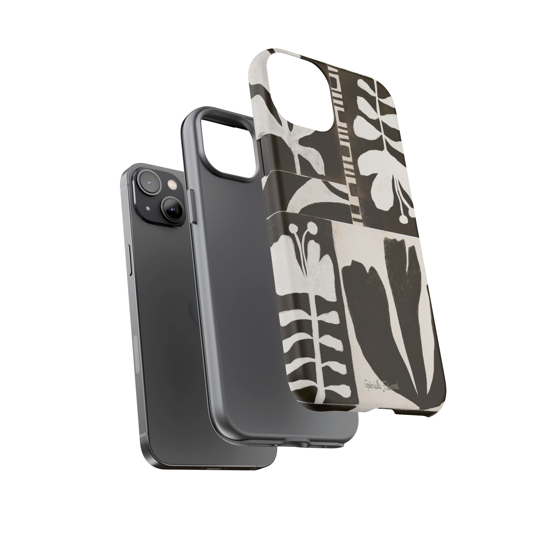 Floral Block Print Tough Phone Case — Black & White Botanical Protective Cover