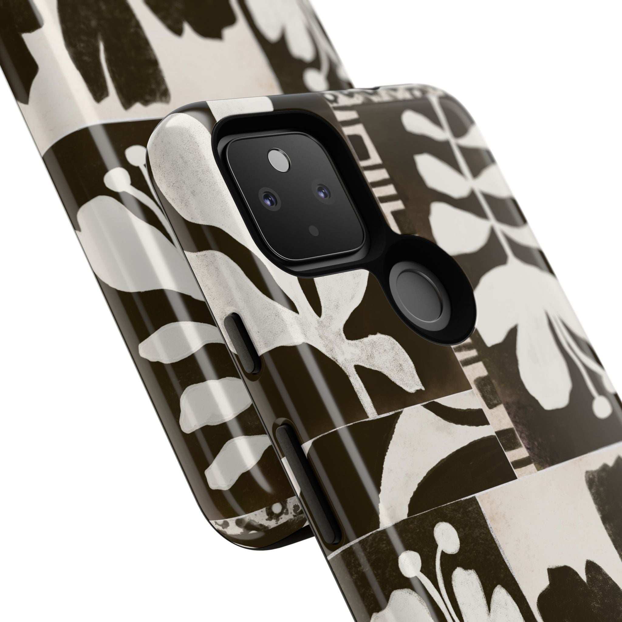 Floral Block Print Tough Phone Case — Black & White Botanical Protective Cover