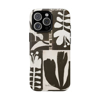 Floral Block Print Tough Phone Case — Black & White Botanical Protective Cover