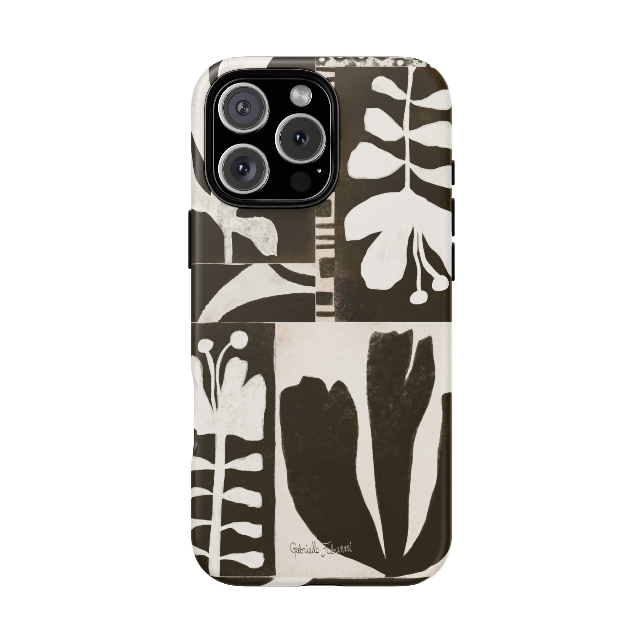 Floral Block Print Tough Phone Case — Black & White Botanical Protective Cover