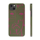Abstract Face Line Art Slim Phone Case | Olive Green with Magenta Sketch