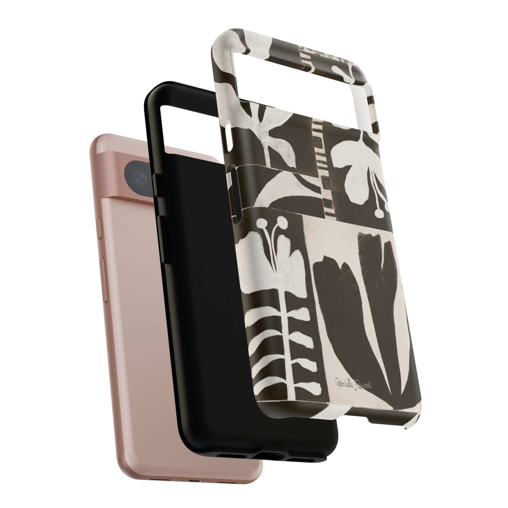 Floral Block Print Tough Phone Case — Black & White Botanical Protective Cover