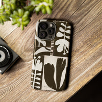 Floral Block Print Tough Phone Case — Black & White Botanical Protective Cover