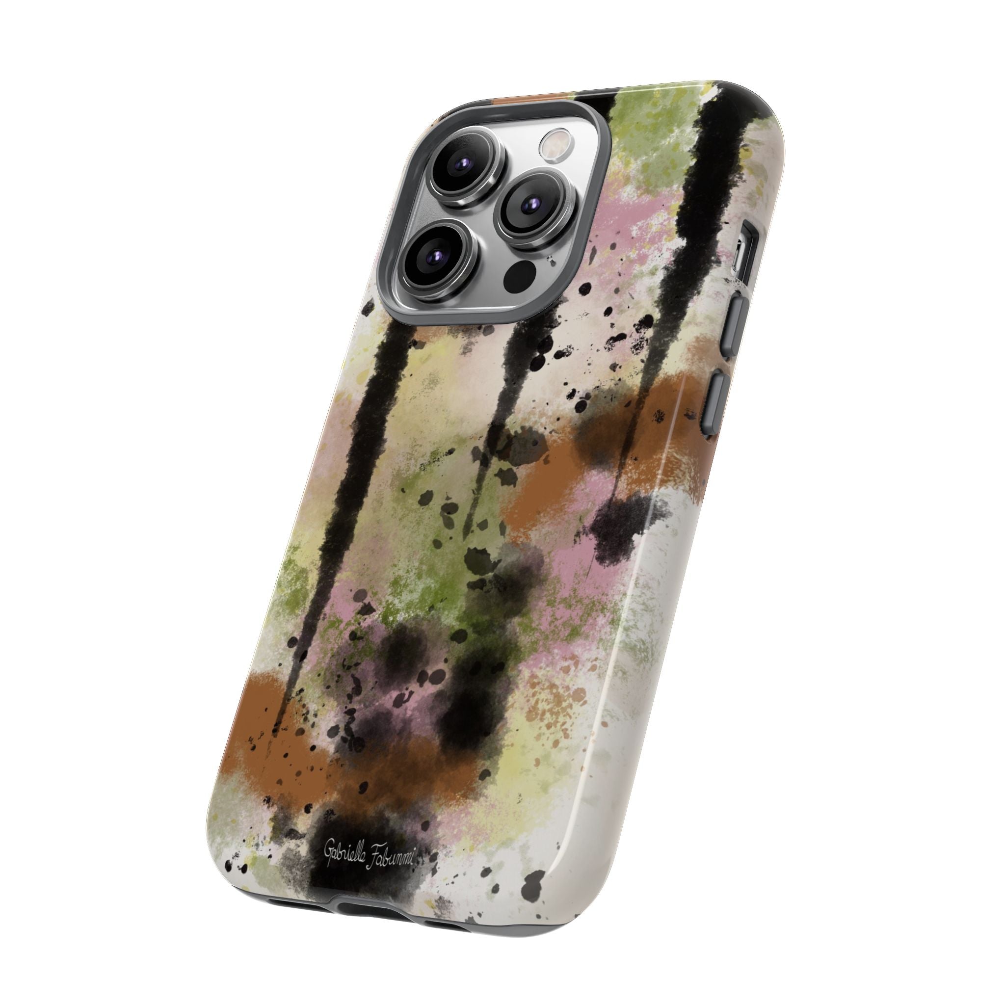 Watercolor Ink Splash Tough Phone Case — Abstract Olive, Blush & Charcoal Protective Cover