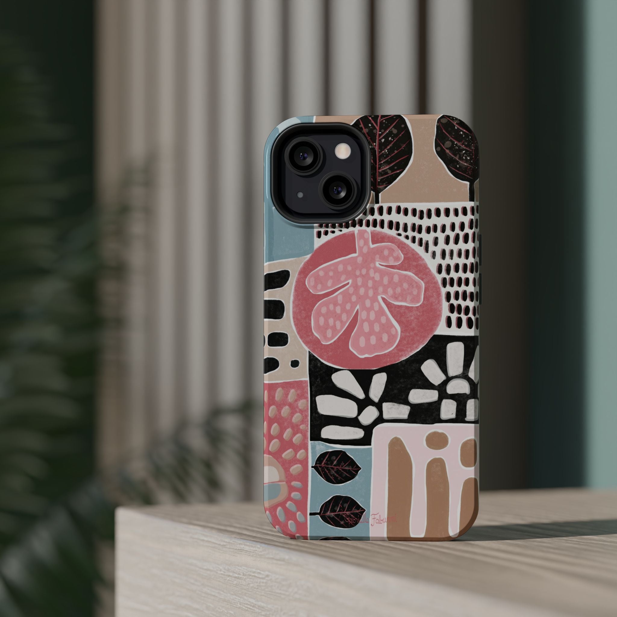 Abstract Floral Magnetic Phone Case — Impact-Resistant Protective Cover with Pink & Teal Collage Design
