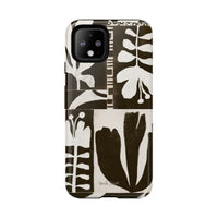 Floral Block Print Tough Phone Case — Black & White Botanical Protective Cover