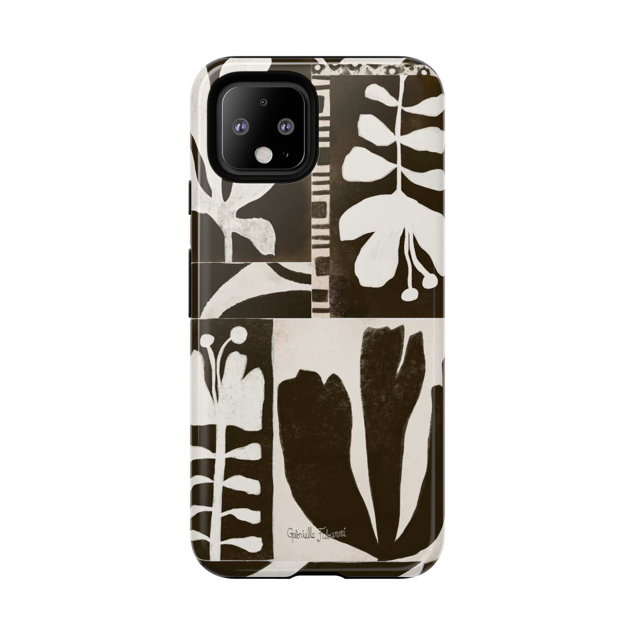 Floral Block Print Tough Phone Case — Black & White Botanical Protective Cover