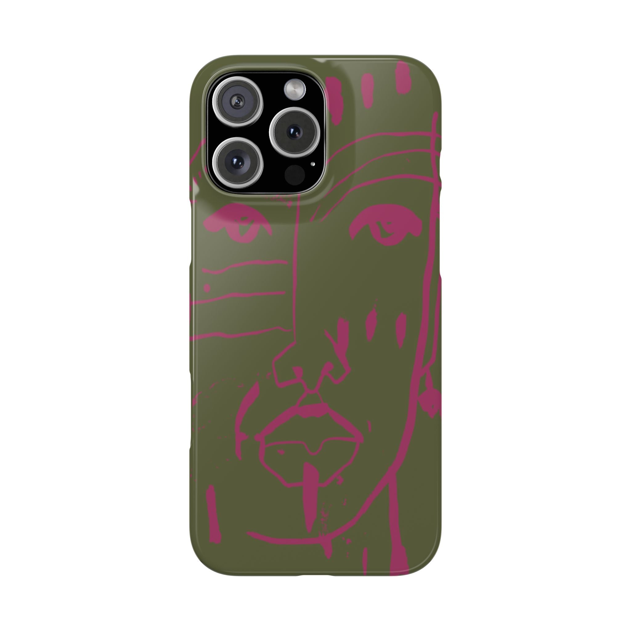 Abstract Face Line Art Slim Phone Case | Olive Green with Magenta Sketch
