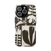 Floral Block Print Tough Phone Case — Black & White Botanical Protective Cover