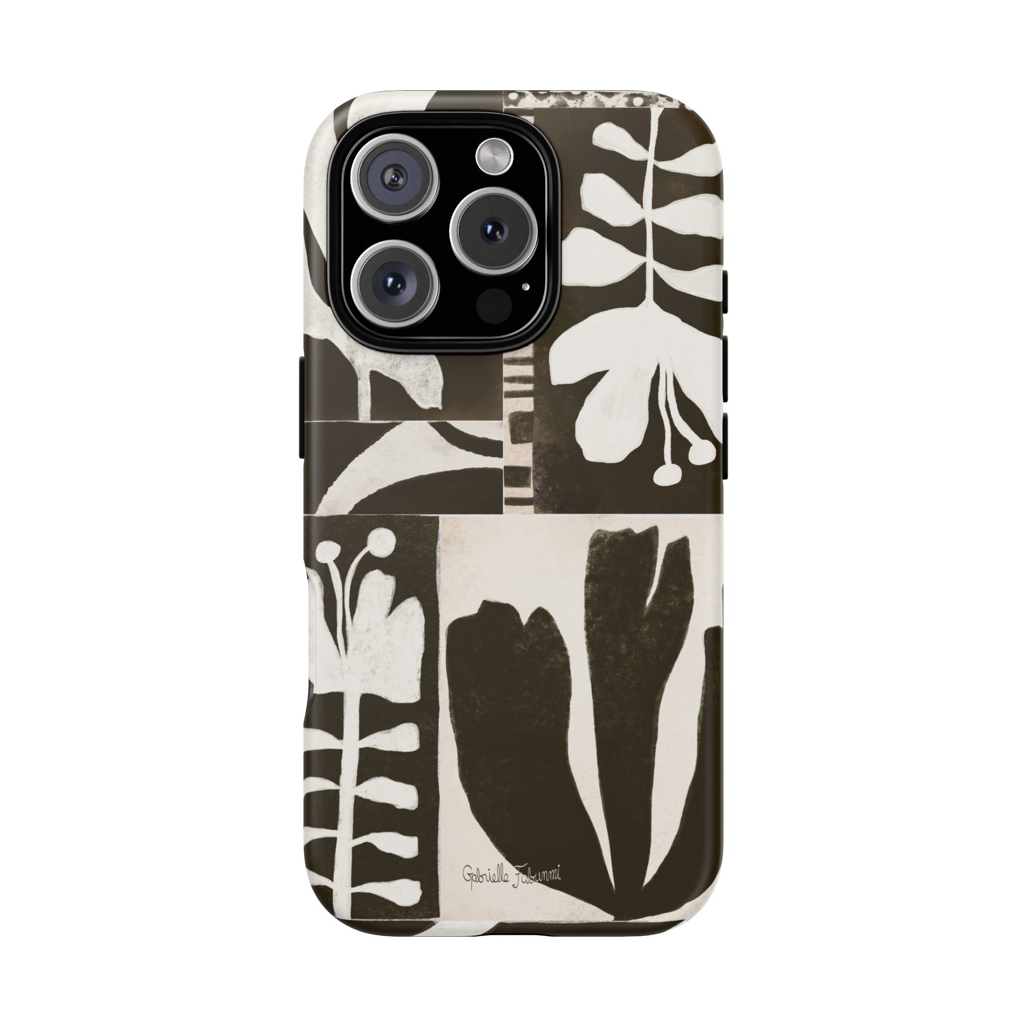 Floral Block Print Tough Phone Case — Black & White Botanical Protective Cover