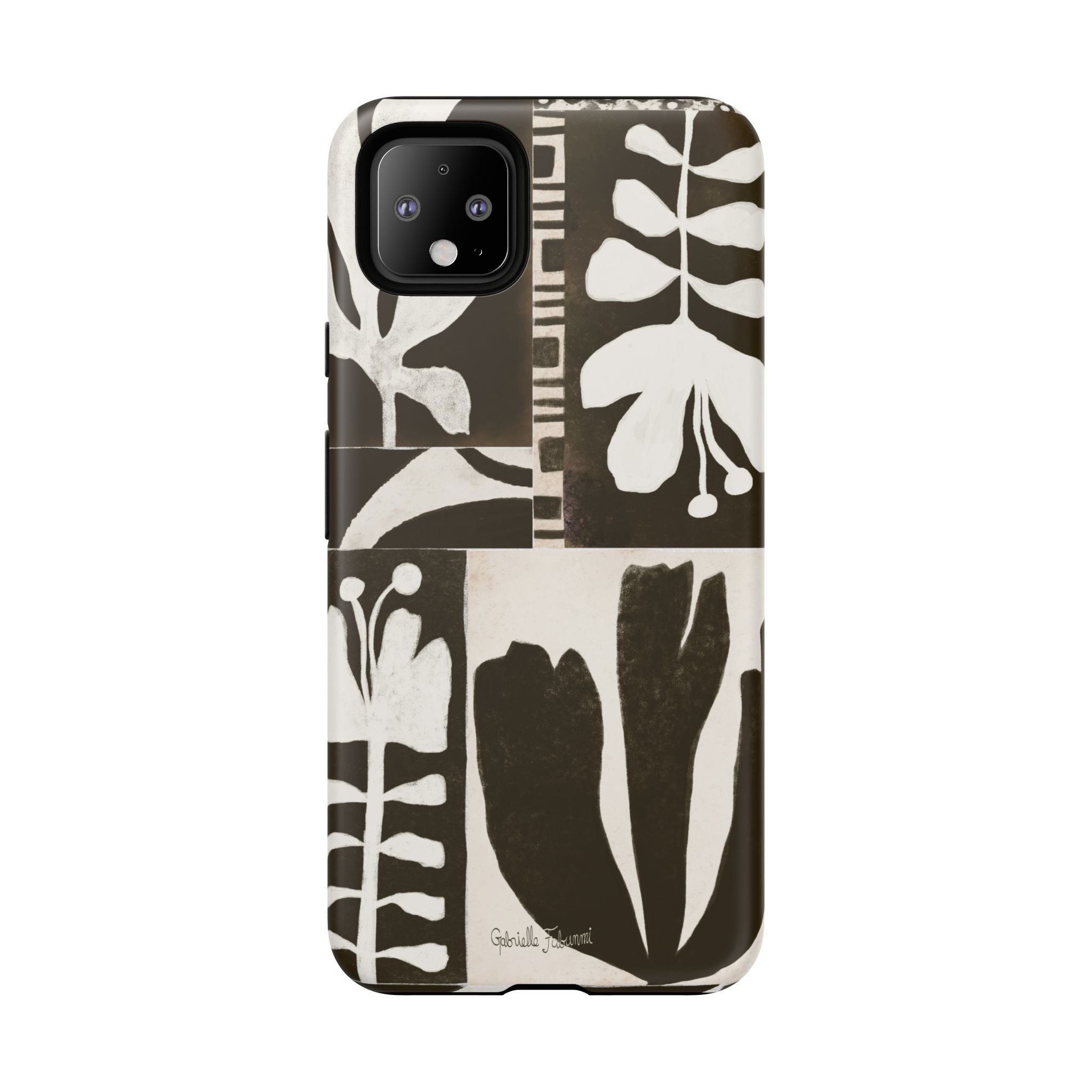 Floral Block Print Tough Phone Case — Black & White Botanical Protective Cover