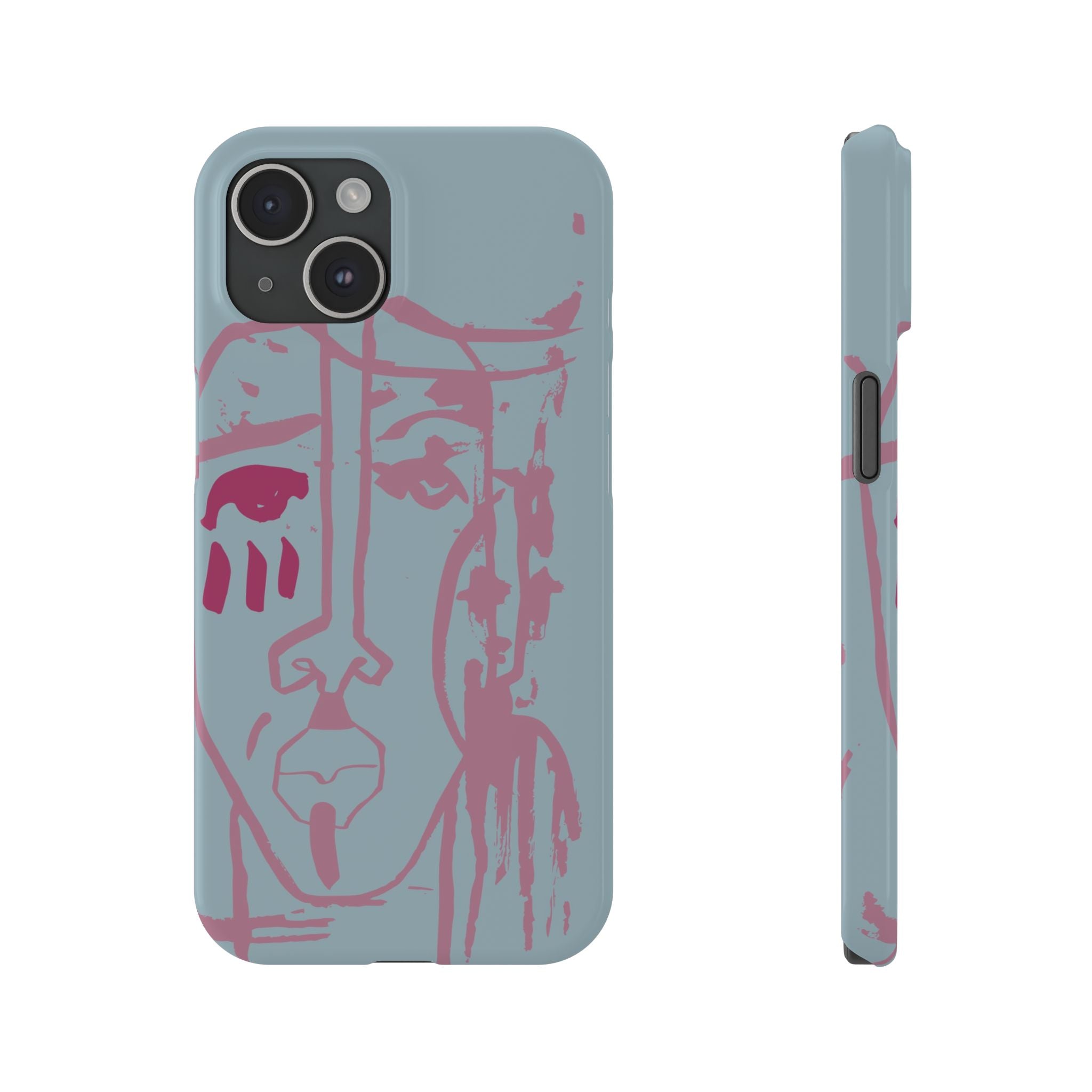 Abstract Line Face Slim Phone Case | Minimalist Portrait, Dusty Blue & Rose