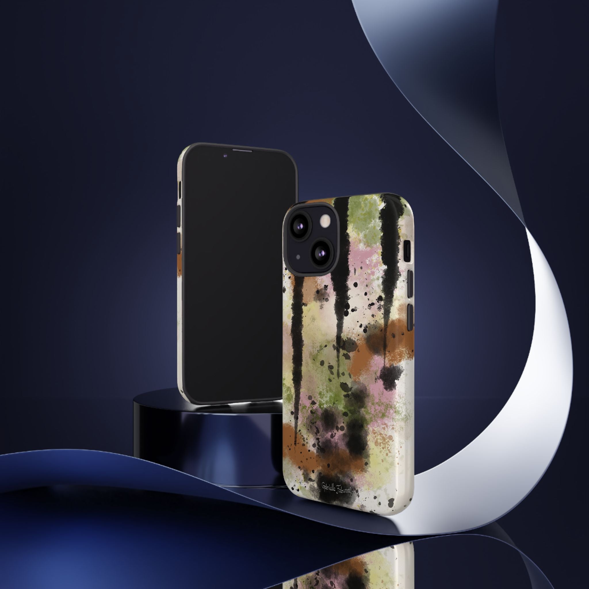 Watercolor Ink Splash Tough Phone Case — Abstract Olive, Blush & Charcoal Protective Cover