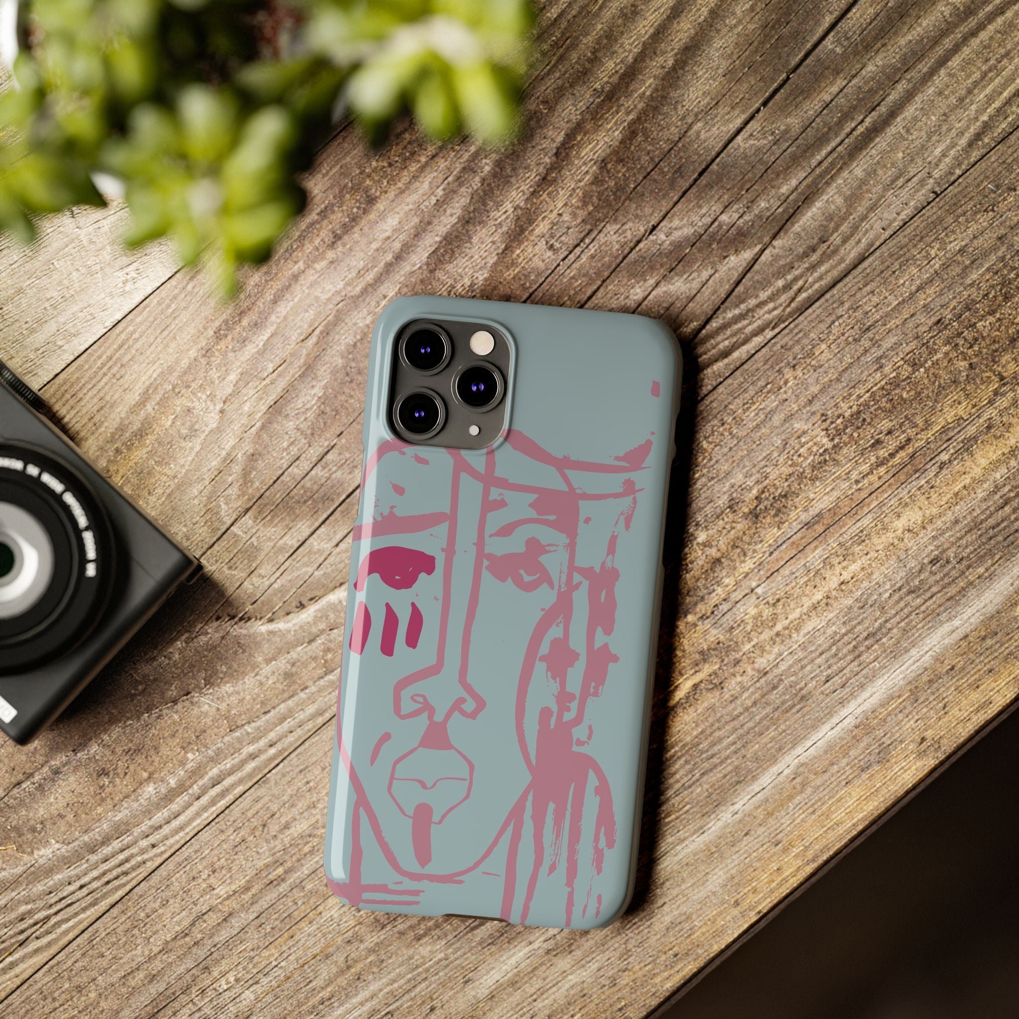 Abstract Line Face Slim Phone Case | Minimalist Portrait, Dusty Blue & Rose