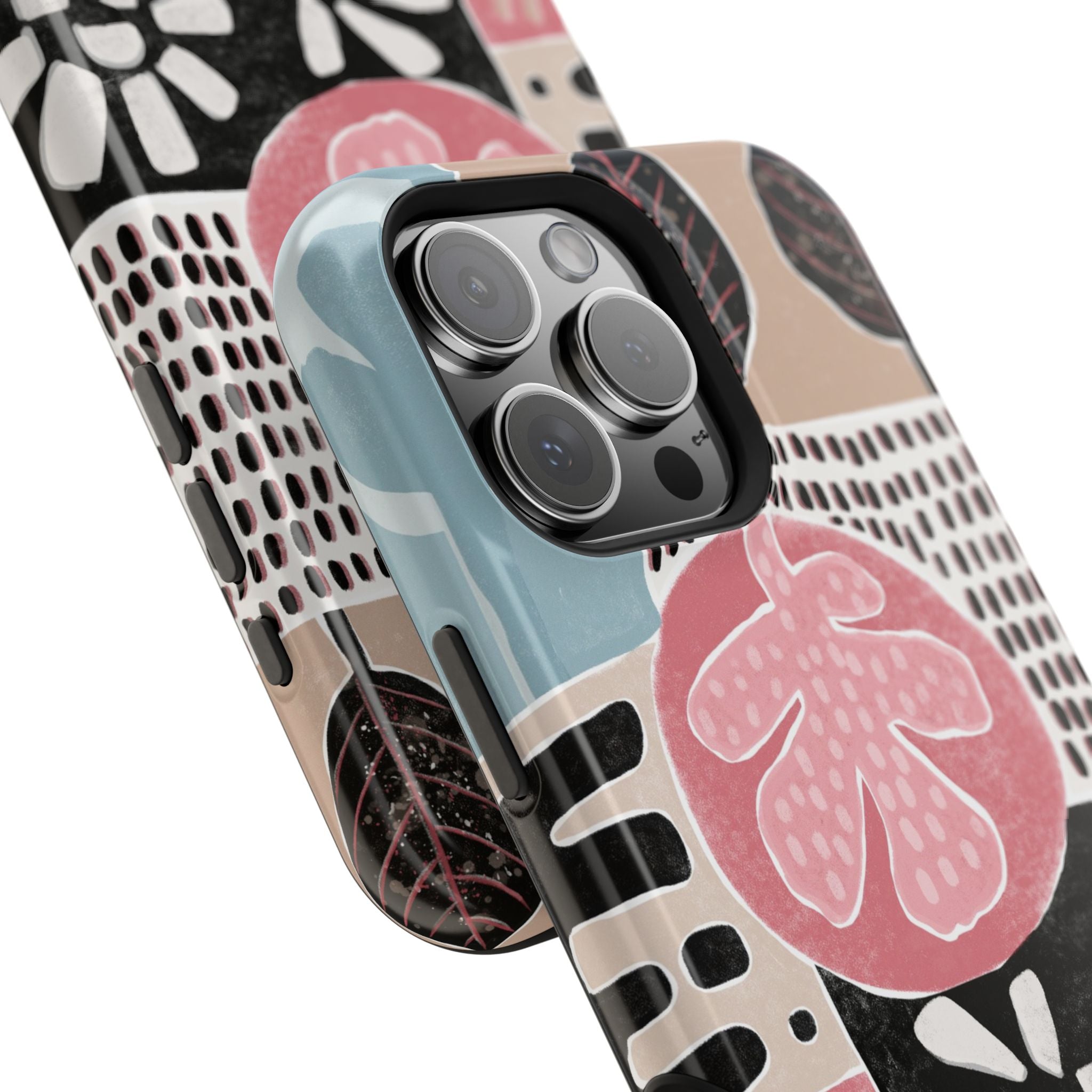 Abstract Floral Magnetic Phone Case — Impact-Resistant Protective Cover with Pink & Teal Collage Design