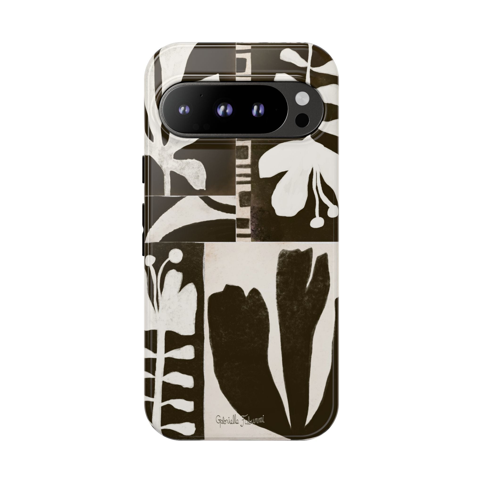 Floral Block Print Tough Phone Case — Black & White Botanical Protective Cover