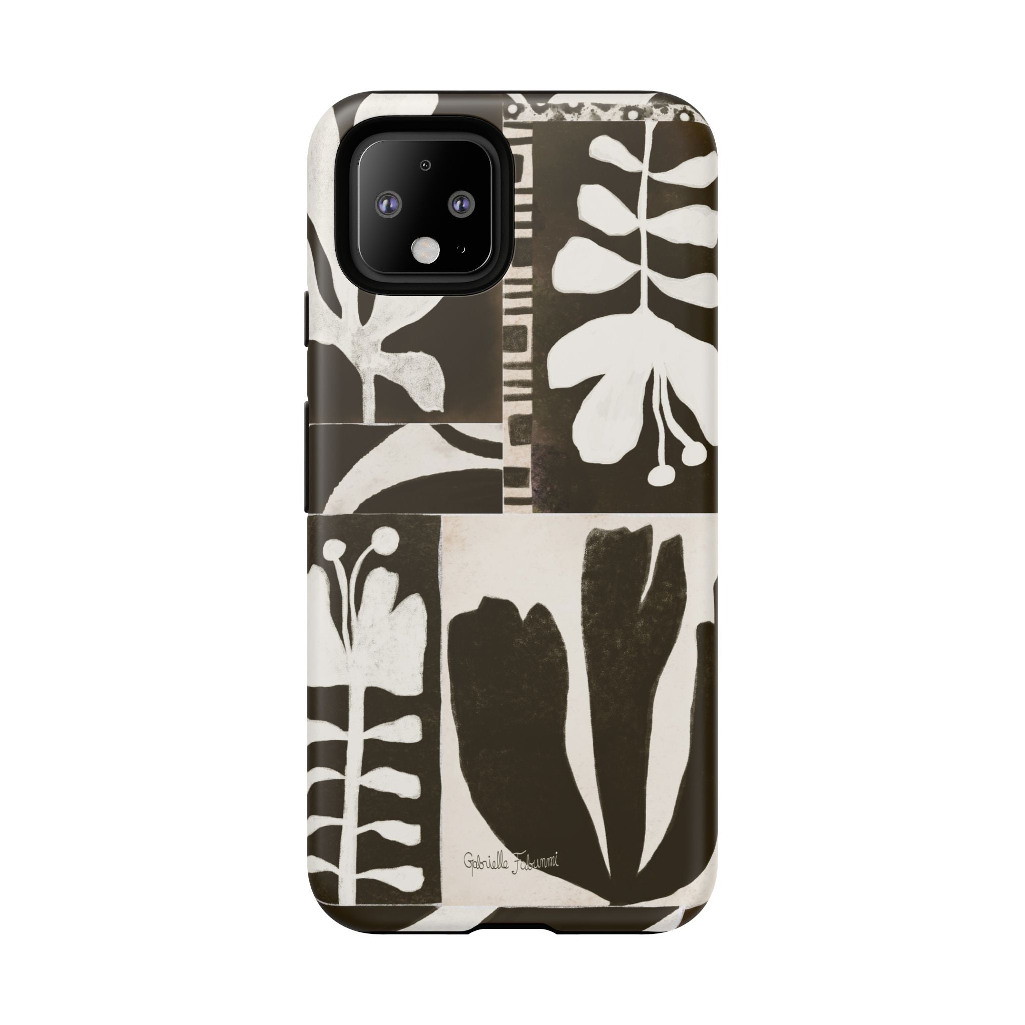 Floral Block Print Tough Phone Case — Black & White Botanical Protective Cover