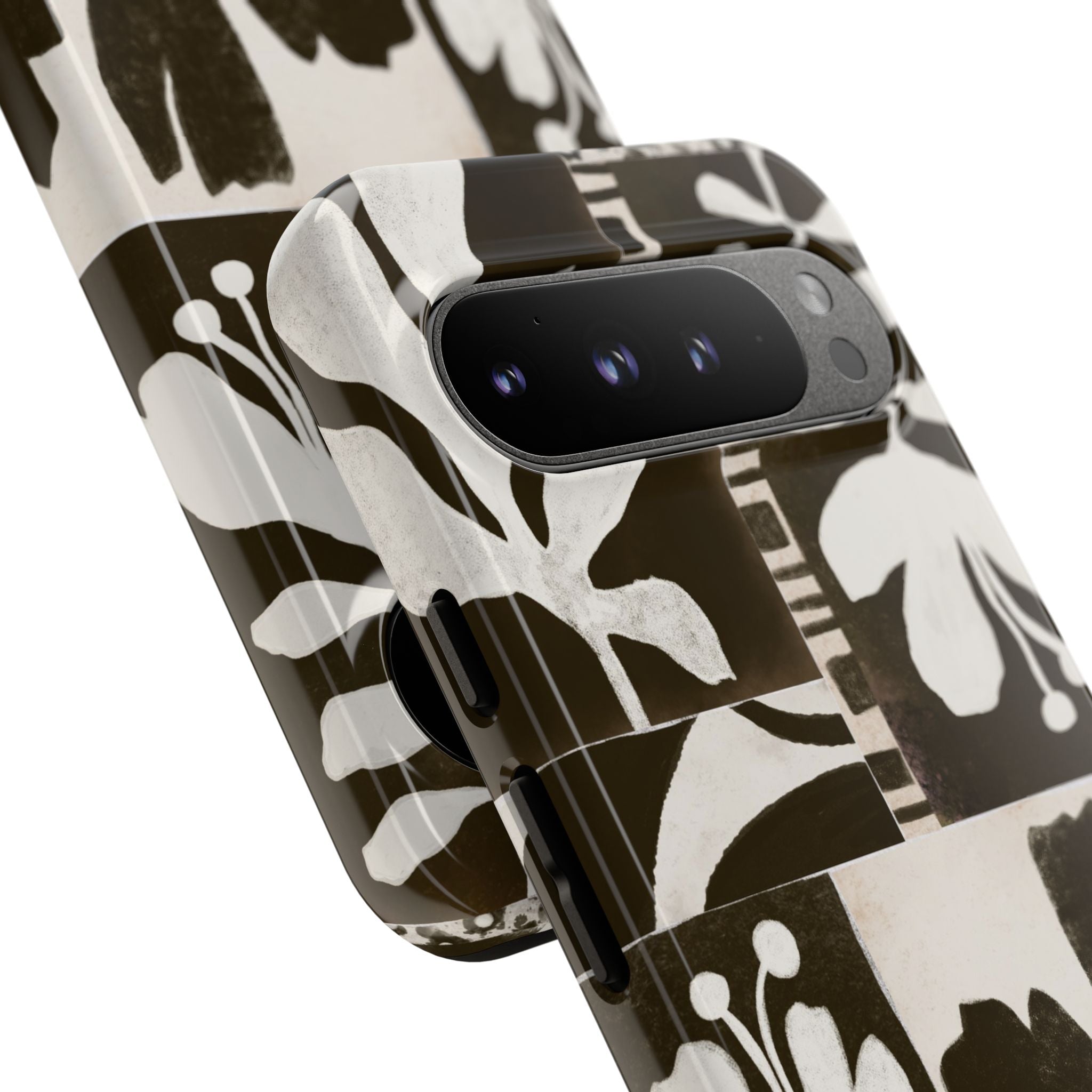 Floral Block Print Tough Phone Case — Black & White Botanical Protective Cover