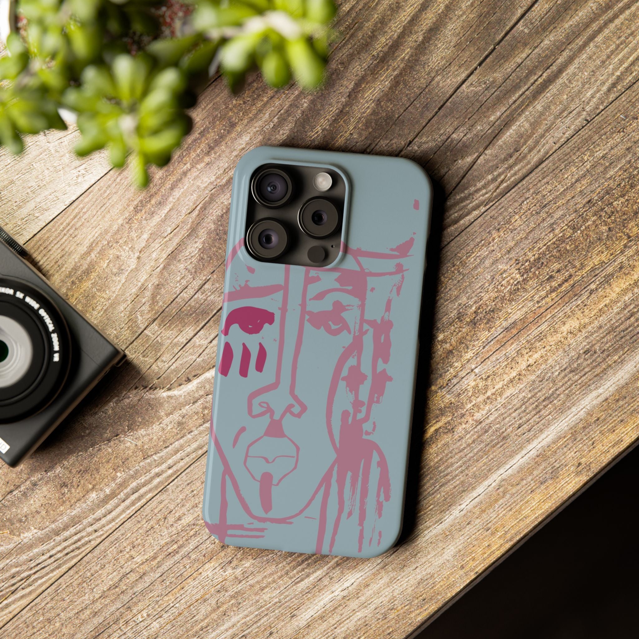 Abstract Line Face Slim Phone Case | Minimalist Portrait, Dusty Blue & Rose