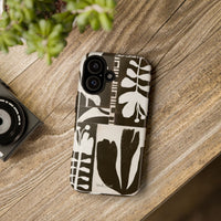 Floral Block Print Tough Phone Case — Black & White Botanical Protective Cover