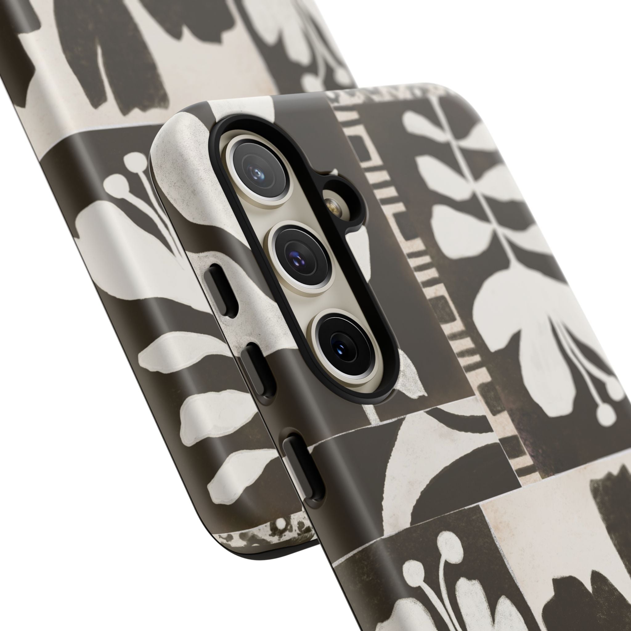Floral Block Print Tough Phone Case — Black & White Botanical Protective Cover
