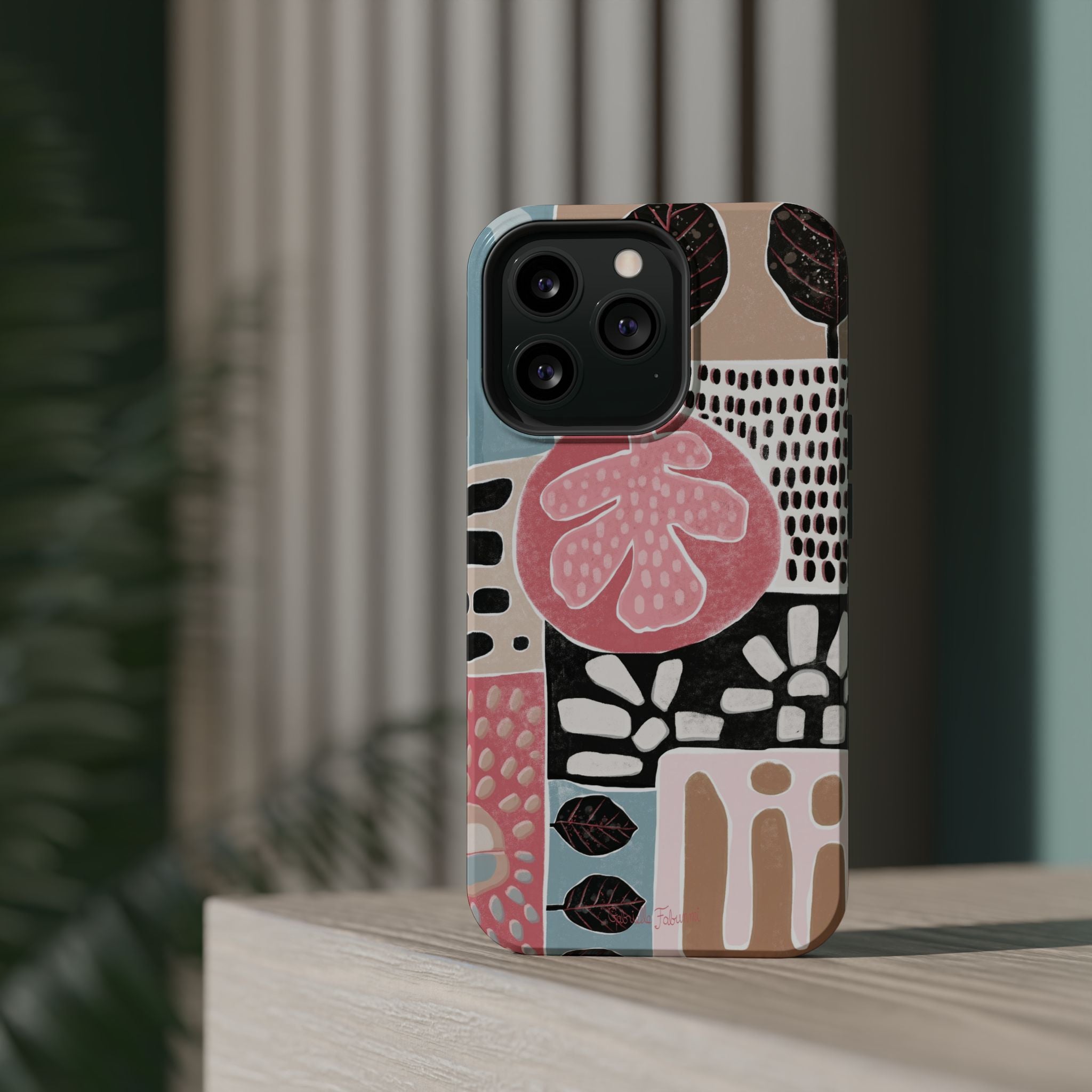 Abstract Floral Magnetic Phone Case — Impact-Resistant Protective Cover with Pink & Teal Collage Design