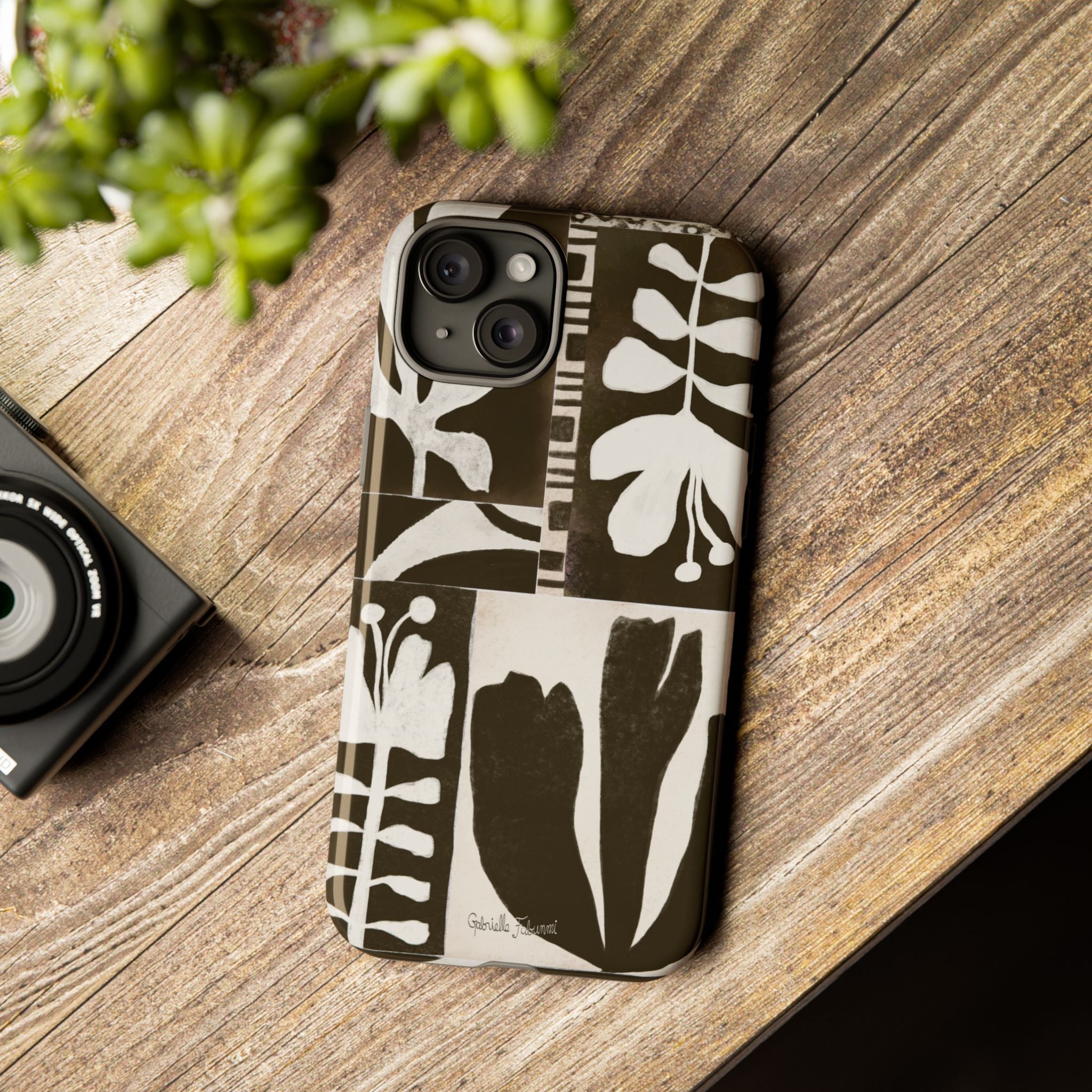 Floral Block Print Tough Phone Case — Black & White Botanical Protective Cover