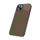 Abstract Face Line Art Slim Phone Case | Olive Green with Magenta Sketch